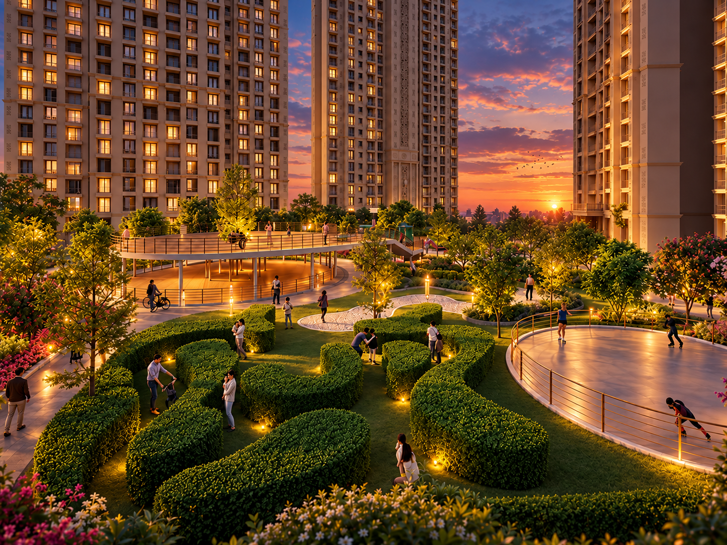 Illustrative evening landscaped courtyard with residential towers and activity spaces