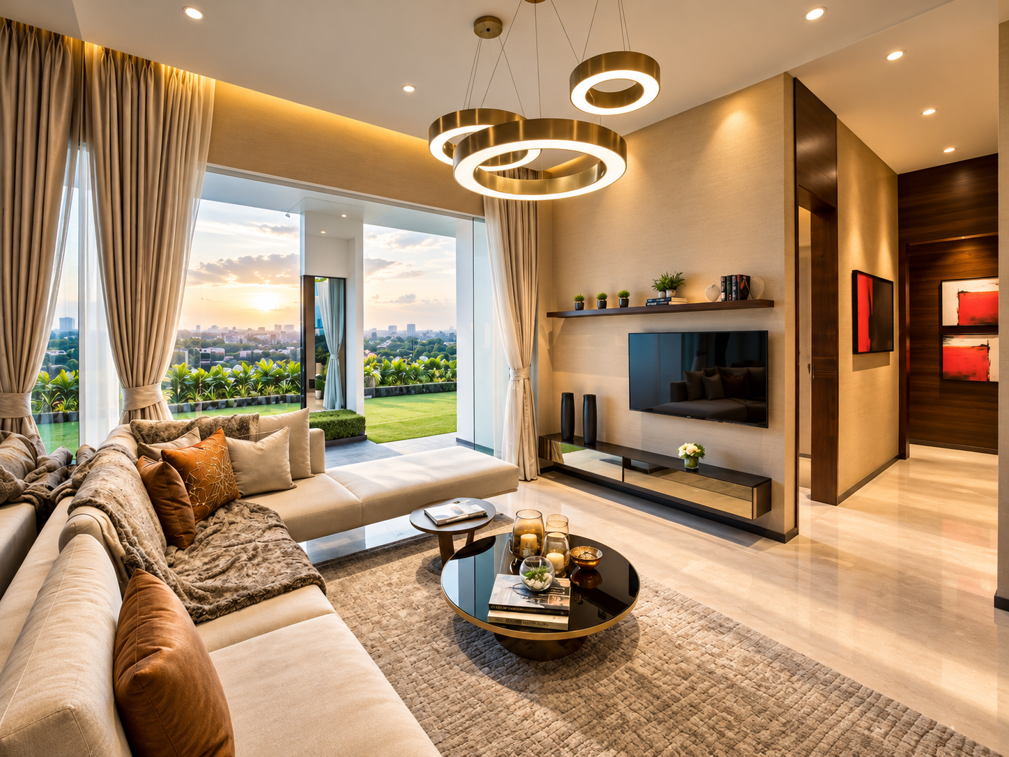 Illustrative residential living room opening toward landscaped outdoor space